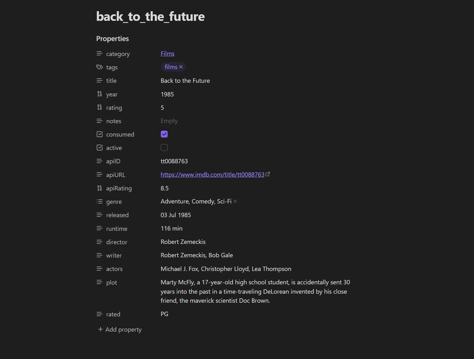 Screenshot of the Back to the Future note after injecting IMDb metadata