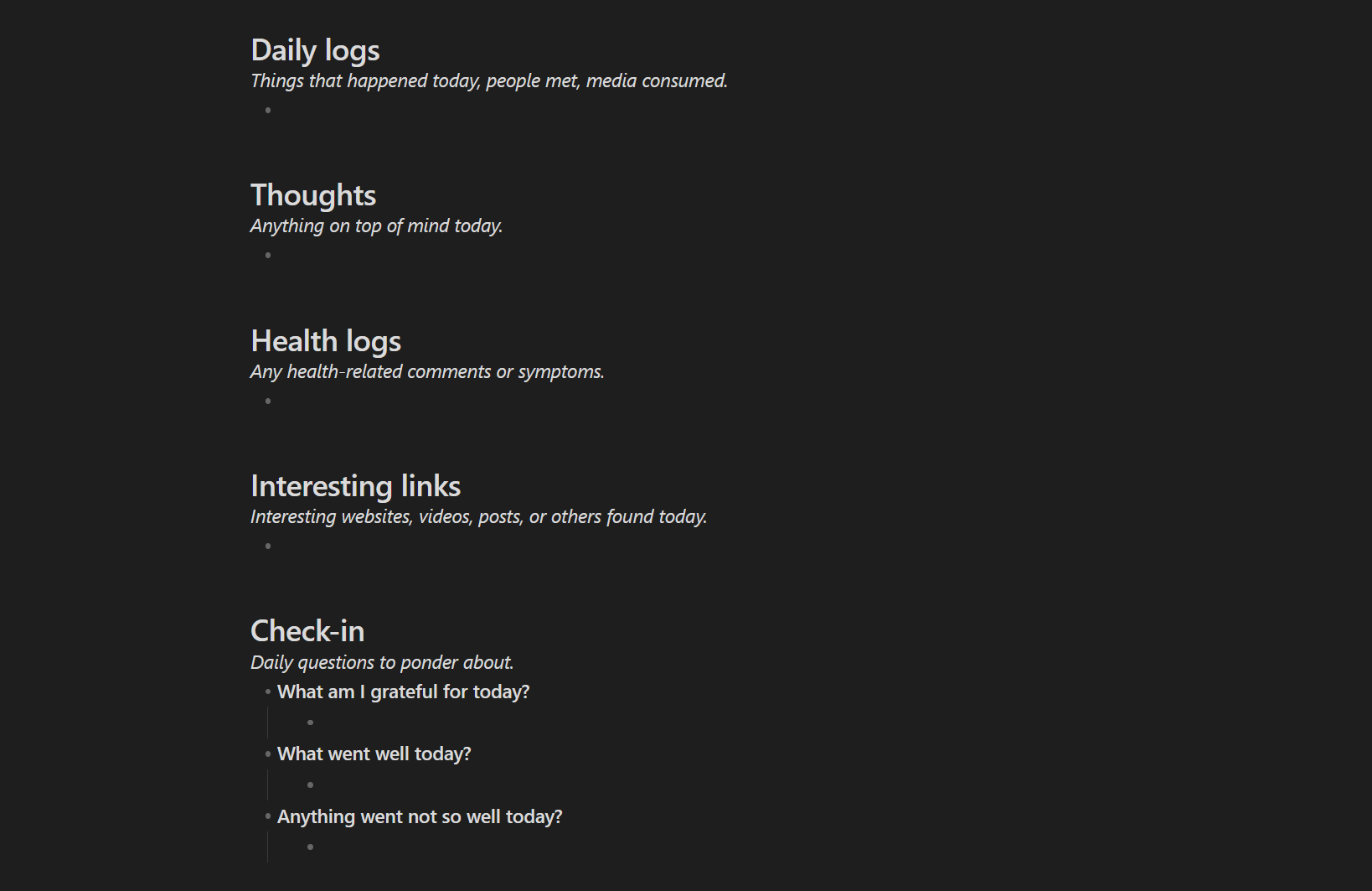 Screenshot of the template I use for daily journaling