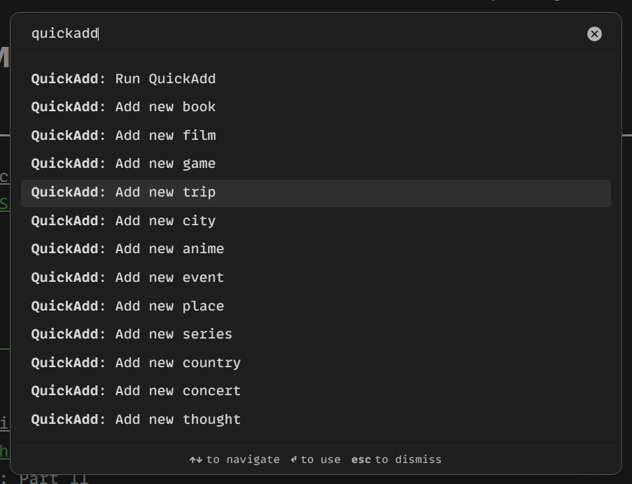 Screenshot of the command palette showing QuickAdd